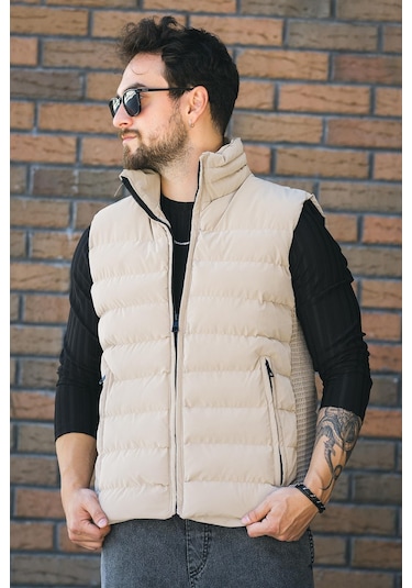 Lordy Örgü Detaylı Cepli Dik Yaka Nova Parlak Kumaş Erkek Şişme Yelek Camel