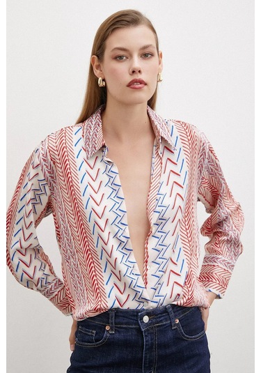 Kadın Uzun Kol Geometrik Desenli Renkli Pamuk Saten Premium Kalite Spor Şık Gömlek Kırmızı