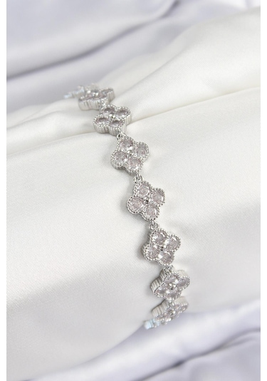 Pirinç Zirkon Taşlı Yonca Model Gümüş Renk Vıp Seri Kadın Bileklik Çok Renkli