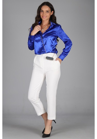 Sweetness Kadın Saks Mavi Saten Uzun Kol Abiye Gömlek Mavi