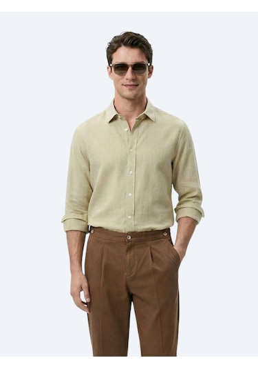 Kip Yağ Yeşili Regular Fit Dokuma Casual %100 Pamuk Gömlek Yeşil