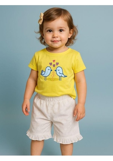 Kız Bebek Kuş Desenli Pamuklu Şortlu Takım-16072 Sari
