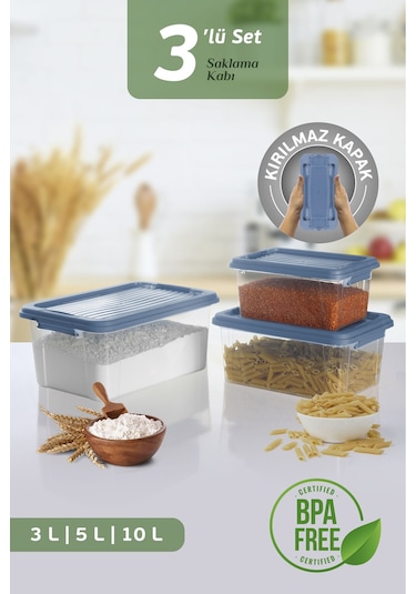 3'lü Kilit Kapak 3-5-10 Lt Erzak Saklama Kabı Çok Amaçlı Düzenleyici Kutu Deterjan Un Bakliyat Kabı Mavi