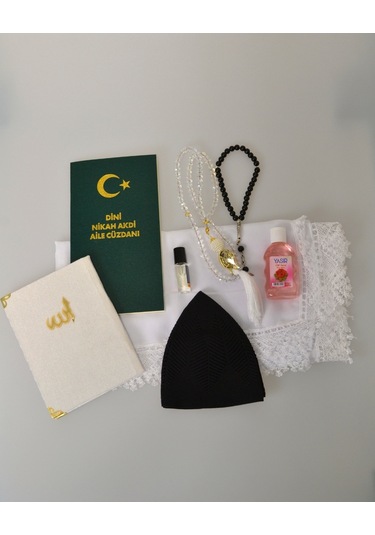 Dini Nikah Seti Kurdeleli Özel Kutu Dini Nikah Defteri, Kadife Yasin, Gelin Başörtüsü, Kristal Tesbih, Gül Suyu, Takke, Esans