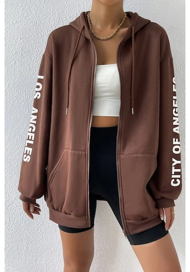Modagen Kadın Kahverengi Kol Los Angeles Baskılı Detaylı Kapüşonlu Hırka Kahve