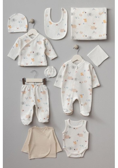 Bebitof %100 Pamuk Sevimli Hayvanlar 10 Parça Hastane Çıkışı Seti Bbtf.ekr.10082 Ekru