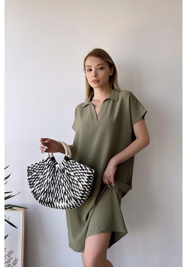 Kadın Haki Kısa Kol, Polo Yaka, Dokulu Desen, Basic Kalıp/kesim, Aerobin Rahat Midi Elbise Haki