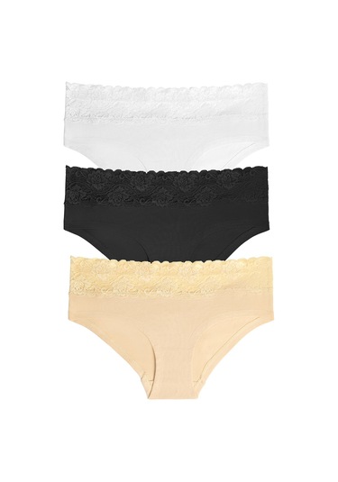 Suwen 3lü Pamuklu Dantelli Hipster Külot St0044603311 Siyah - Beyaz - Ten