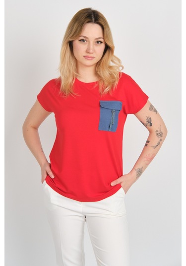 Sistas Kadın Düşük Kol Tek Cep Detaylı Bisiklet Yaka Bluz 24107 Kırmızı Kırmızı