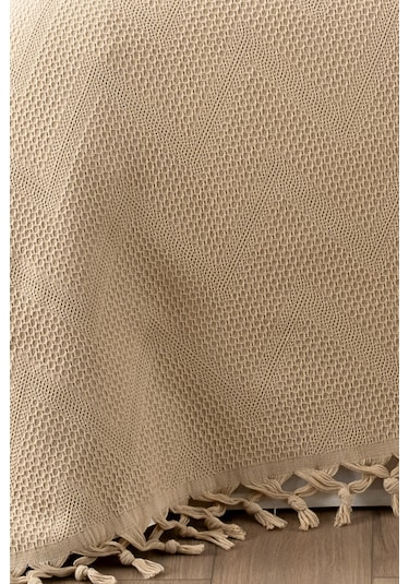 %100 Pamuk Çift Kişilik Bağlama Saçaklı Pike-220x240 Cm-kapuçino Cappuccıno Cappuccino