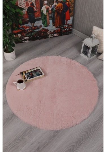 Dekoratif Tavşan Tüyü Ultra Yumuşak Peluş Yuvarlak Halı Pembe