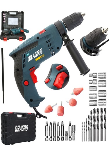 Dragro DRG-mtkp13 Technology Mavi Darbeli 13 MM Vidalama Delme Devir Ayarlı Kablolu Matkap 30 Parça Set Drg 13 MM