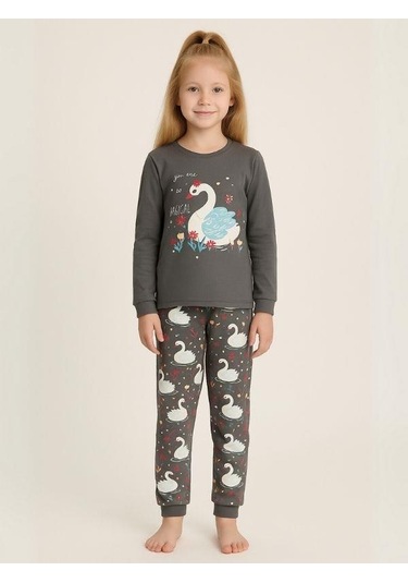 Kız Çocuk Kuğu Baskılı Pamuklu Pijama Takımı-16057 Haki