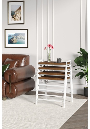 Zigon Sehpa , Aden 4'lü Tepsi Zigon Sehpa Takımı Beyaz Metal - Barok Tabla Beyaz-barok