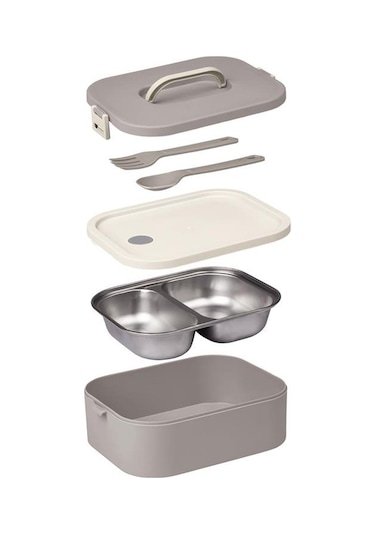 Okyanus Home Paslanmaz Çelik Hazneli Lunch Box Tek Katlı Kendinden Çatal Kaşıklı Beslenme Kutusu Vizon Vizon