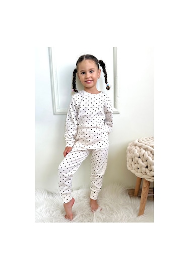 Kız Çocuk Fitilli Kumaş Polkadot / Puantiyeli Pijama Takımı Esnek Kumaş Yeni Sezon Beyaz