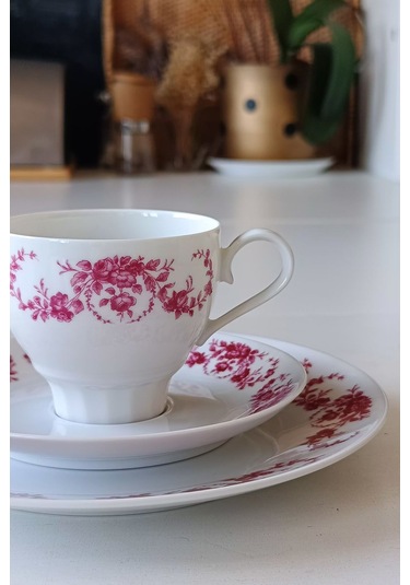 Edelstein 73 Pembe Gül Desenli Vintage Çay Fincanı Seti 3 Parça Pembeçiçek