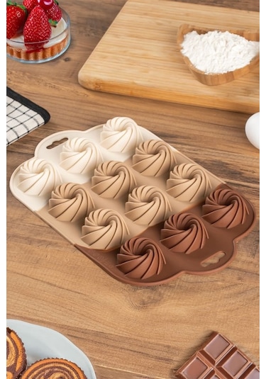 Porsima 185 12'li Silikon Kurabiye Tatlı Kalıbı, Silikon Kalıp Seti, Mini Kek Kalıbı, Çikolata Pişirme Kalıp Açık Kahverengi