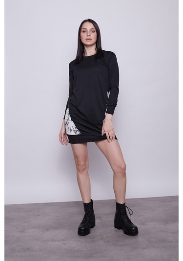 Kadın Sıfır Yaka Cep Detaylı Uzun Kol Sweat Elbise -Siyah