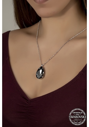 Union Swarovski Crystal Kadın Black Diamond Damla Gümüş Kolye