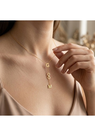 925 Ayar Gümüş İki Harf Ve Sonsuzluk Y Kolye Gold