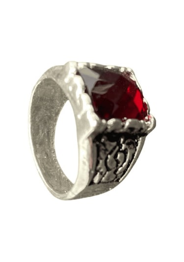 Kare Kırmızı Taşlı Bijuteri Gümüş Kaplama Erkek Yüzük - Vintage Desenli Takı Gümüş