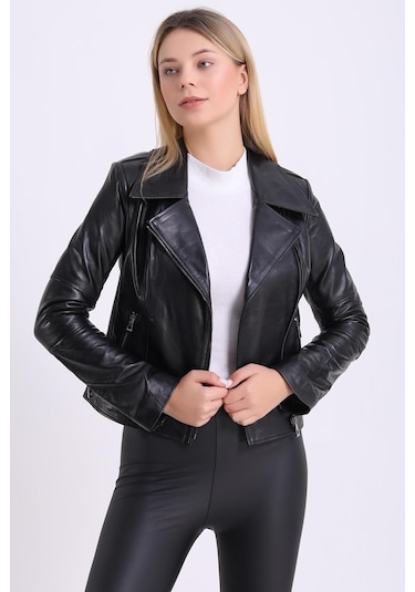 Hakiki Deri Taba Beli Lastikli Kadın Ceket Siyah