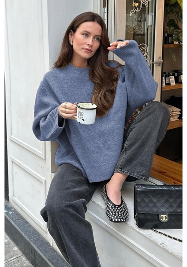 Madmext Madmext Bisiklet Yaka Oversize Triko Kazak MG1972 İndigo