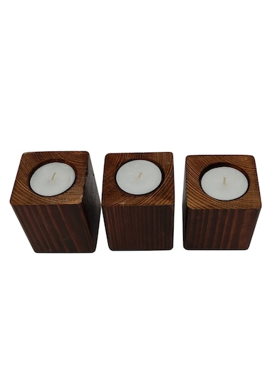 Doğal Ahşap Dekoratif Küp Mumluk 6 X 6 Cm 3 Lü Set Mum Dahil