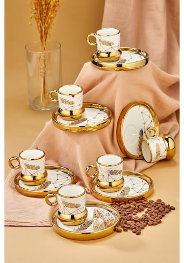 Carmen 6 Kişilik Porselen Tüy Desenli Kahve Fincan Takımı