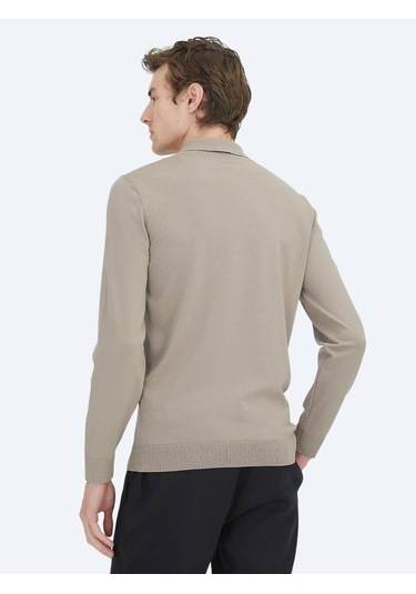 Açık Vizon Polo Yaka Düz Örgü Triko Kazak Vizon