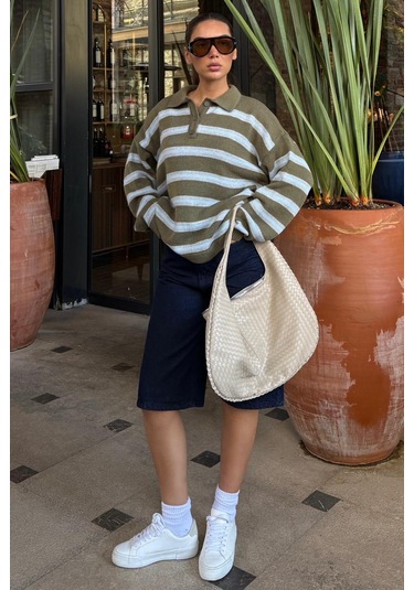 Haki Polo Yaka Çizgili Kadın Triko Kazak Mg2469 Haki