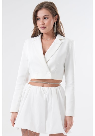 Saade Beyaz Kruvaze Crop Blazer Ceket Beyaz