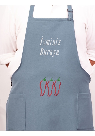 Mutfak Önlüğü Kişiye Ve İsme Özel Nakışlı Mutfak Önlüğü Biber01 Farklı Renkler Mavi