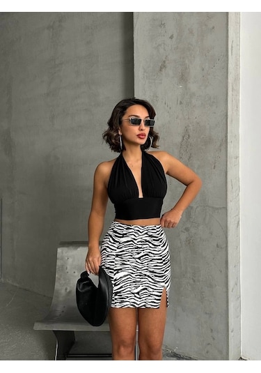 Tek Yırtmaçlı Zebra Desenli Deri Etek Beyazsiyah W24475-s Beyaz