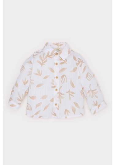 DeFacto Erkek Bebek Desenli Flamlı Poplin Uzun Kollu Gömlek B9257A525SPBG319 Bej