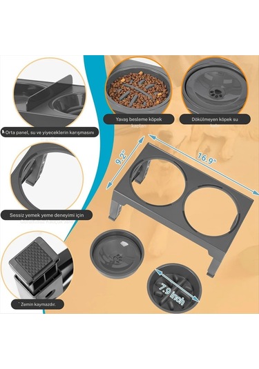 Ayarlanabilir Yükseltilebilir Köpek Kedi Mama Kabı Yavaş Yeme Ve Sıçrama Önleyici Su Kabı 2 Li Set