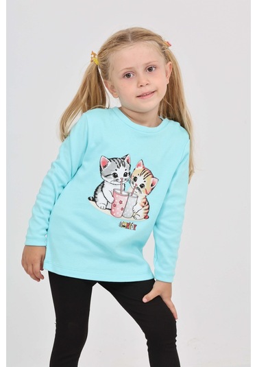 Toontoy Kız Çocuk İkili Kedi Baskılı Sweatshirt Turkuaz
