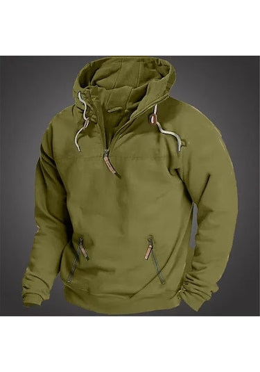Sonbahar Ve Kış İçin Erkek Düz Renk Kapüşonlu Günlük Sweatshirt Haki