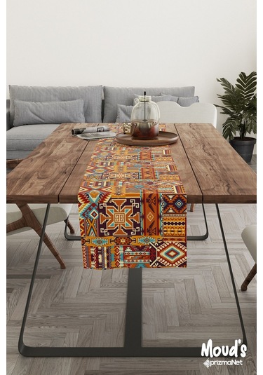 Etnik Kilim Desenli Baskılı Süet Runner Masa Örtüsü
