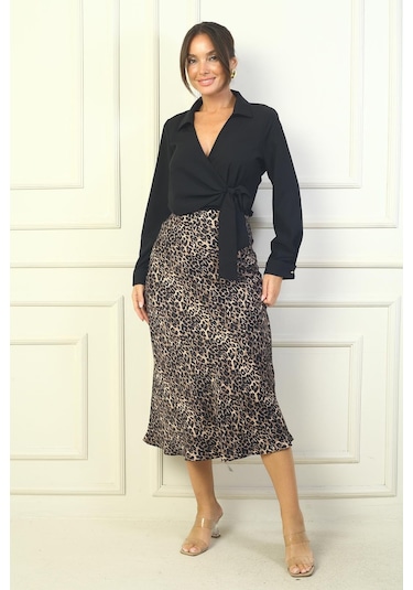 Beli Lastikli Leopar Desen Kloş Saten Etek-39127-kahve Kahve