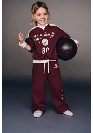 La Ciel Paris Nakış Ve Baskı Detaylı Kız Çocuk Takımı Sweatshirt & Boru Paça Alt, 2 7 Yaş Bordo