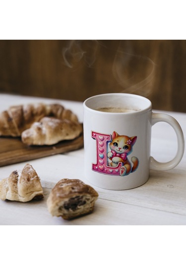 L Harfli Bardak, Sevimli Kedili Pembe Tasarım Bardak, Arkadaşa Aileye Hediye Porselen Beyaz