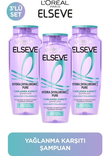 ELSEVE Hydra Pure Salisilik Asit içeren Yağlanma Karşıtı Nemlendirici Şampuan 3'lü Set
