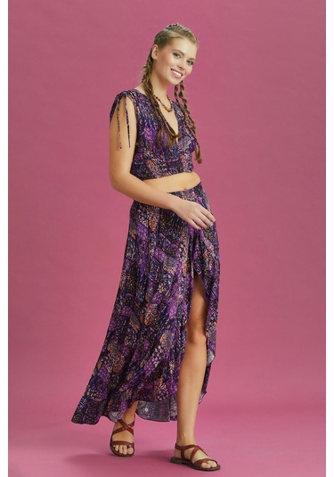 Derin Ön Yırtmaçlı Fırfırlı Desenli Çingene Etek 001