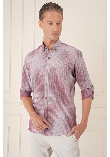 Efor Comfort Fit Batik Desen %100 Keten Bordo Gömlek G 1571 Bordo