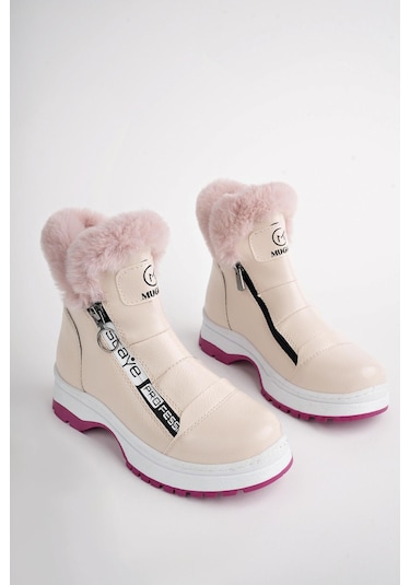 Muggo Bubble Garantili Kaymaz Taban İçi Kürklü Yandan Fermuarlı Çocuk Bot Pudra