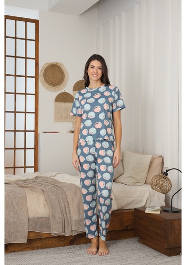 Kadın Yazlık Kısa Kol Penye Süprem Kumaş Pijama Takımı Mavi Turuncu