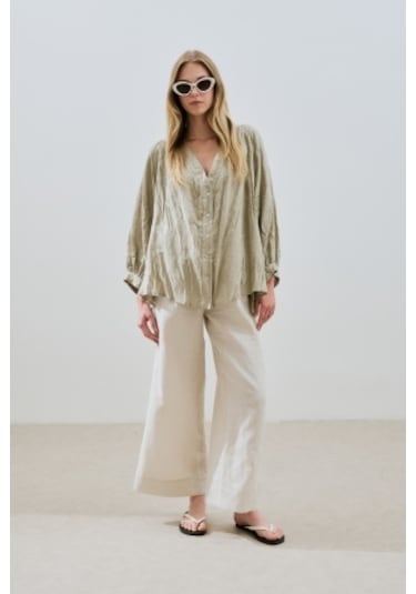 Keten Krushlı Düğmeli Bluz Yeşil Yeşil