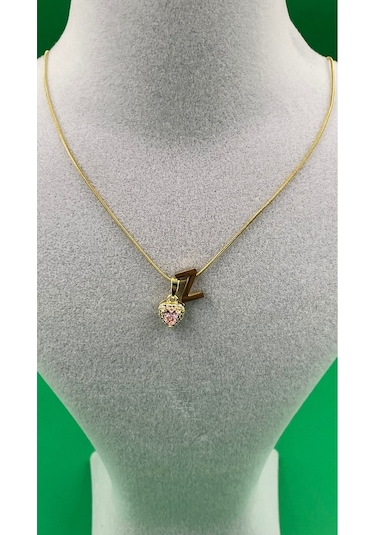 14k Altın Renginde Z Harf Pembe Kalpli Minimal Çelik Kadın Kolye Altın